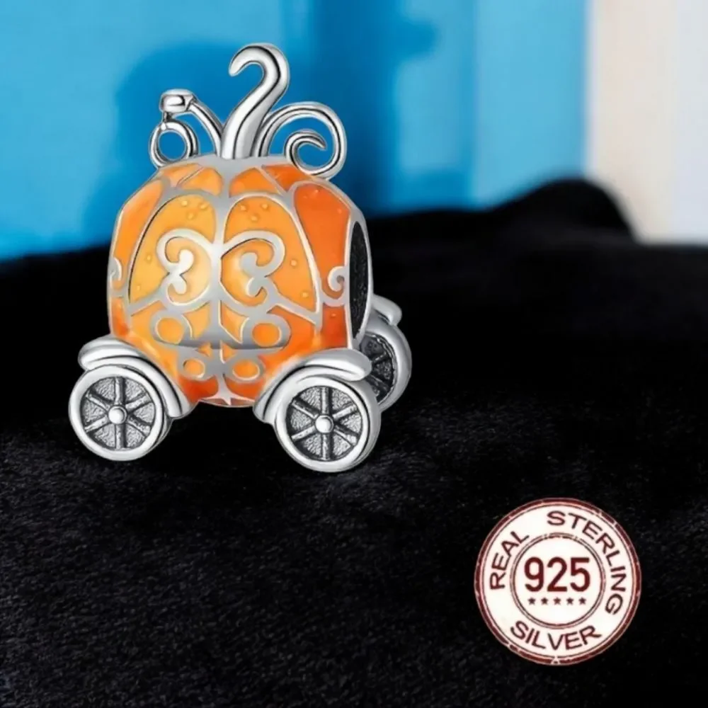 Cinderella Pumpkin Coach Charm 925 Sterling Silver Enamel Princess Bracelet Bead